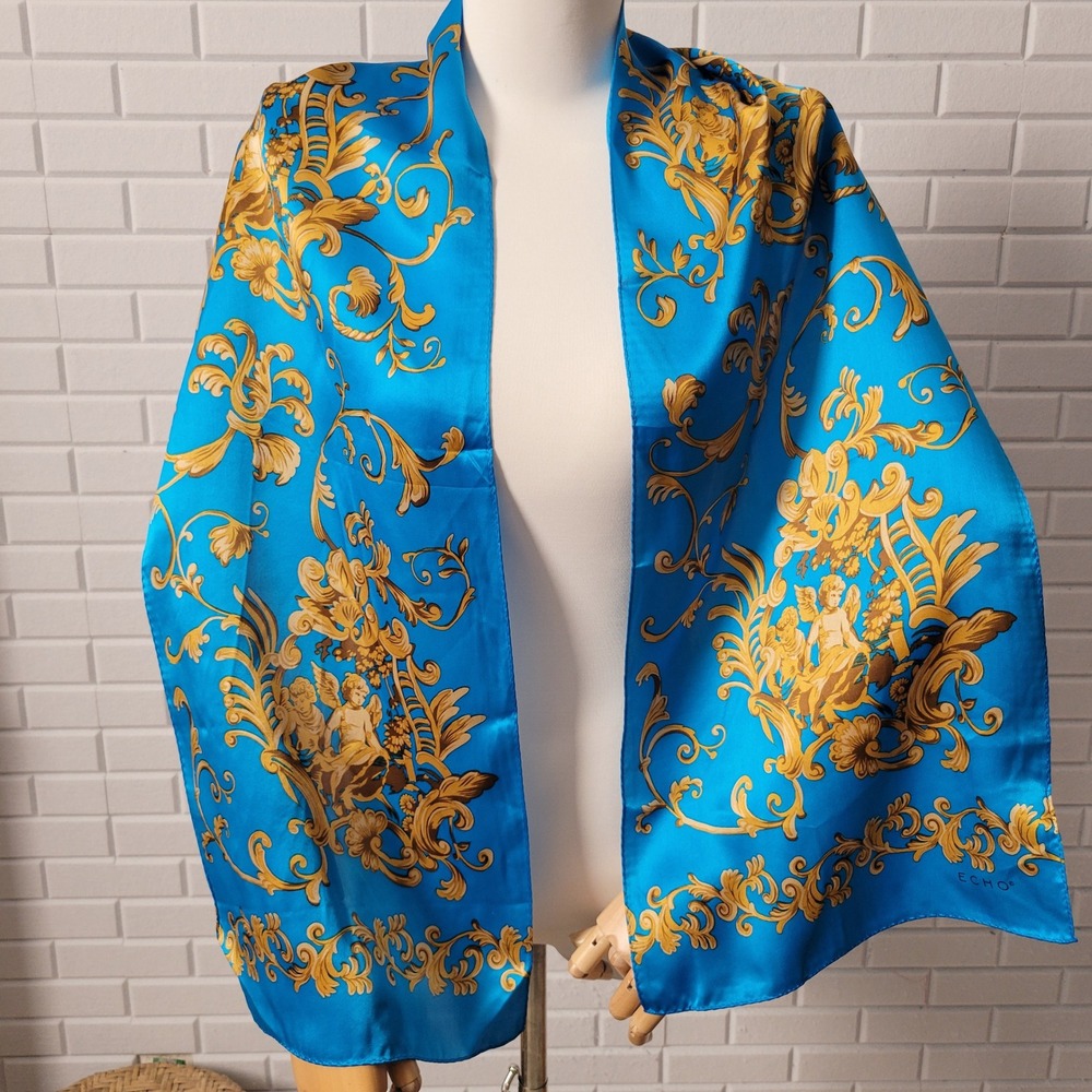 Vtg 90s Echo Silk Scarf Blue Gold Baroque Cherub Print Oblong 11X58 Maximalist